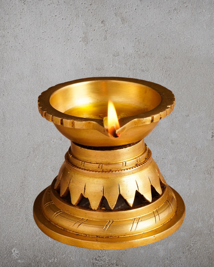 Antique Brass Deepak | Handcarved Oil Lamp with lotus base