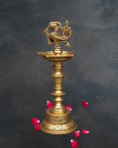 Antique Brass Deepak | Handcarved Oil Lamp with lotus base