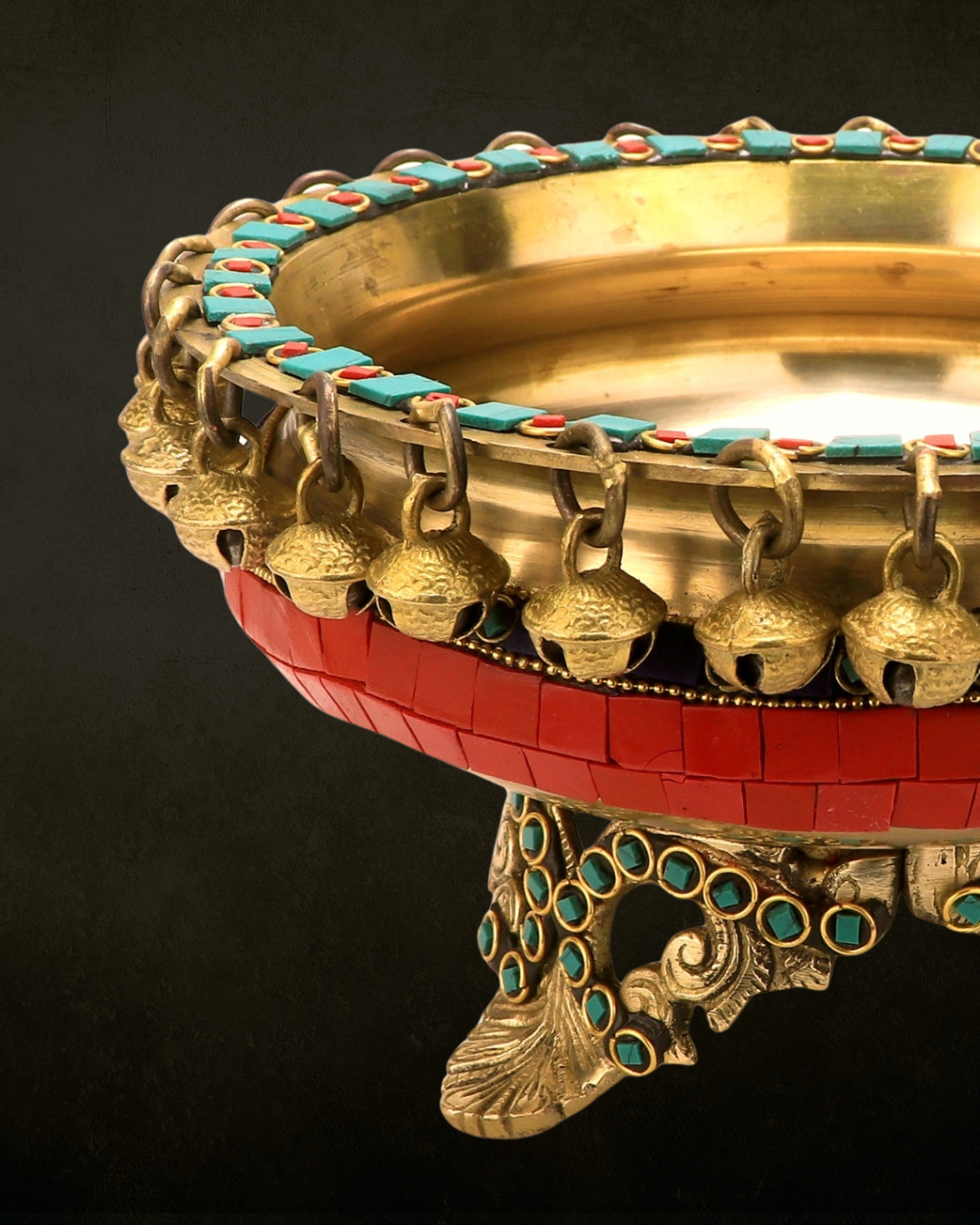 Stone Inlay Enamelled Brass Urli for Pooja & Festive Decor | Traditional Decorative Brass Urli Bowl