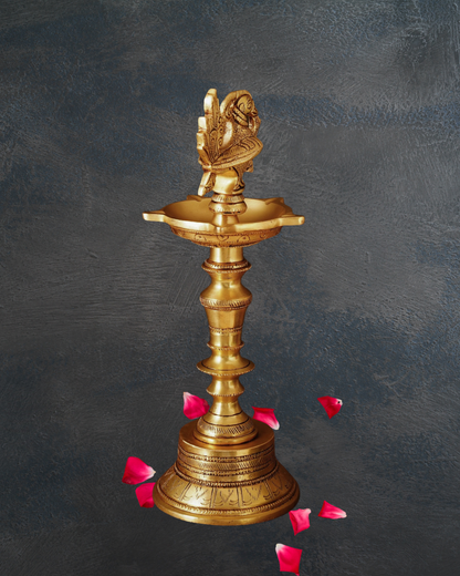 Antique Brass Deepak | Handcarved Oil Lamp with lotus base
