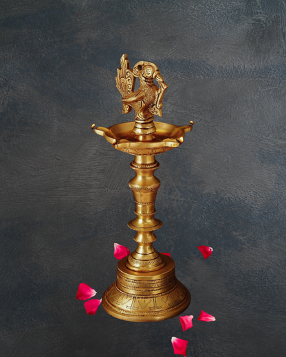 Antique Brass Deepak | Handcarved Oil Lamp with lotus base