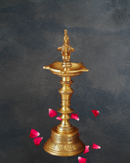 Antique Brass Deepak | Handcarved Oil Lamp with lotus base