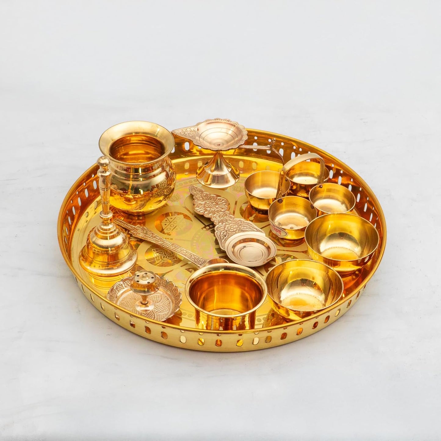 Pure Brass Pooja Thali Set – 12 Pc | Premium Puja Plate for Home Temple