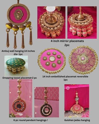 Mandala Katha Pink Pooja Table Decor Set – Handmade Festive Jadau & Mirror Work Decor (16 Pieces)