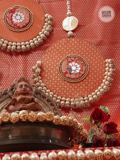 Sindoori Saaj – All Red Banarasi Pooja Temple Decoration Set | Traditional Red & Gold Mandir Decor