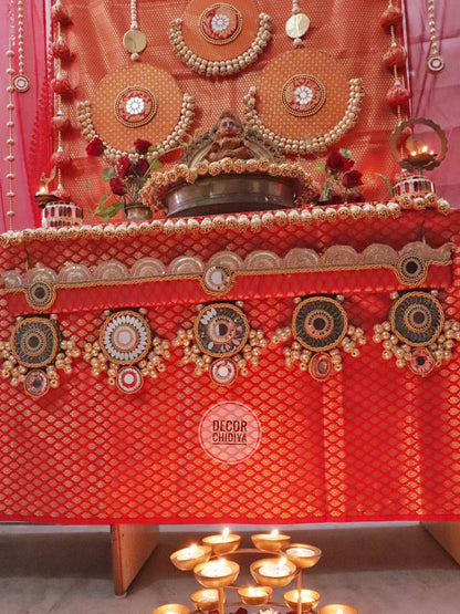 Sindoori Saaj – All Red Banarasi Pooja Temple Decoration Set | Traditional Red & Gold Mandir Decor