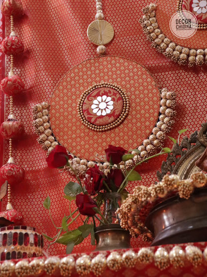 Sindoori Saaj – All Red Banarasi Pooja Temple Decoration Set | Traditional Red & Gold Mandir Decor