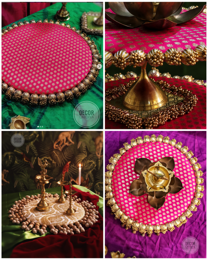 Tiered Beige & Gota Rani Pink Placemat Combo: Elegant Wooden Beads & Fabric Décor Set