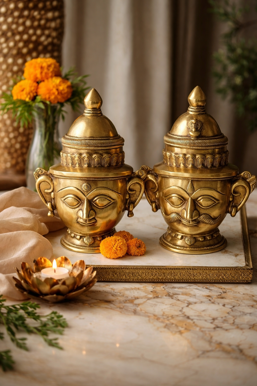 Antique hand carved brass shiv and gauri mukhlingamsAntique Hand-Carved Brass Shiv & Gauri Mukhlingams for Pooja Decor
