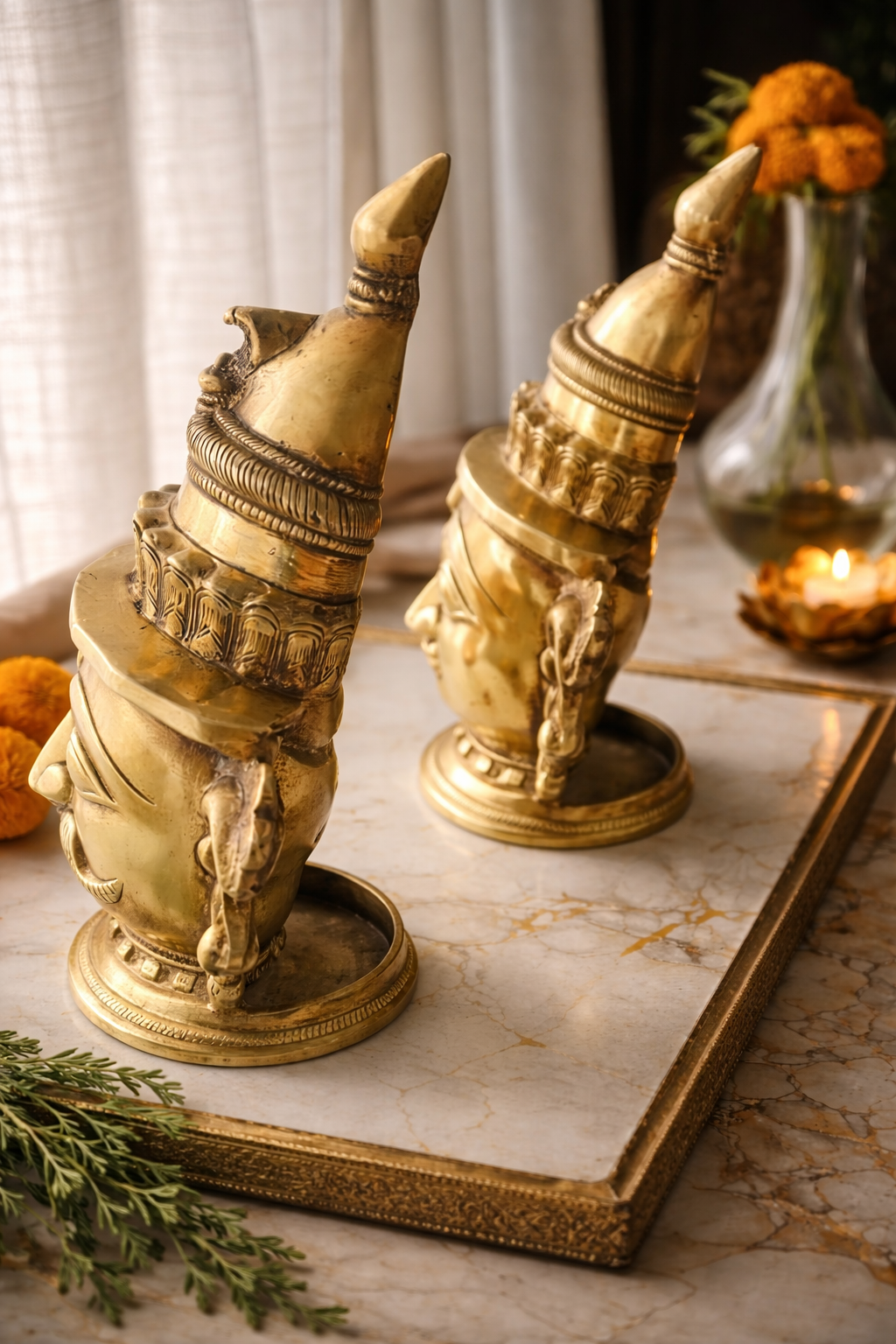 Antique hand carved brass shiv and gauri mukhlingamsAntique Hand-Carved Brass Shiv & Gauri Mukhlingams for Pooja Decor