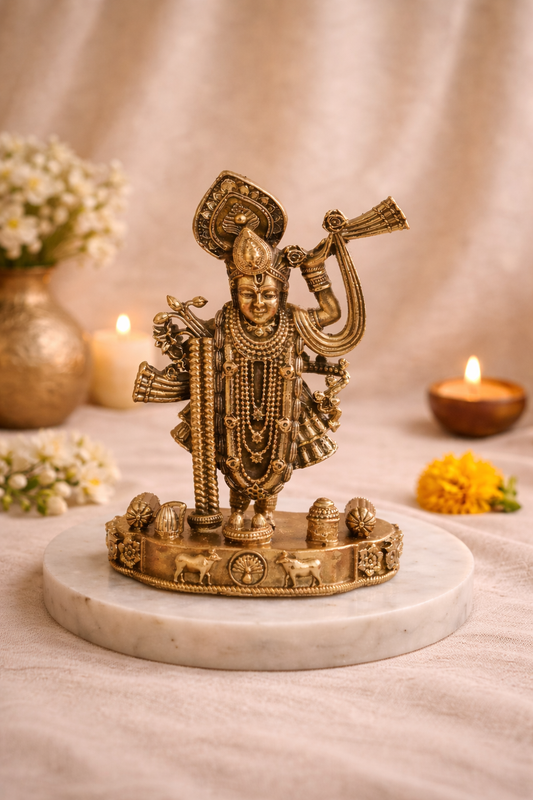 Antique Hand-Carved Brass Shreenathji Idol for Home Temple & Decor