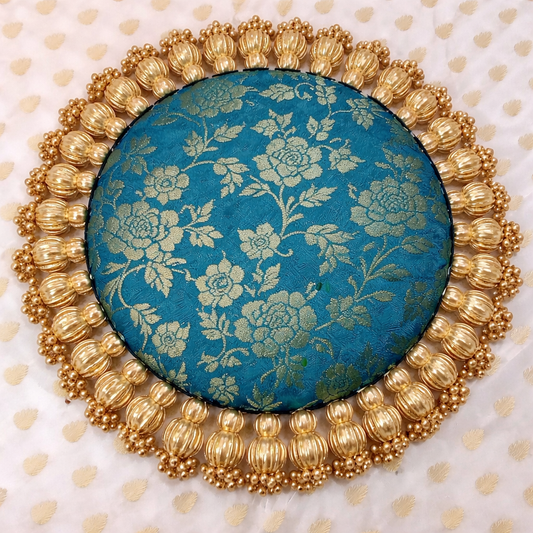 Teal jamdani  - classic placemat - golden beads