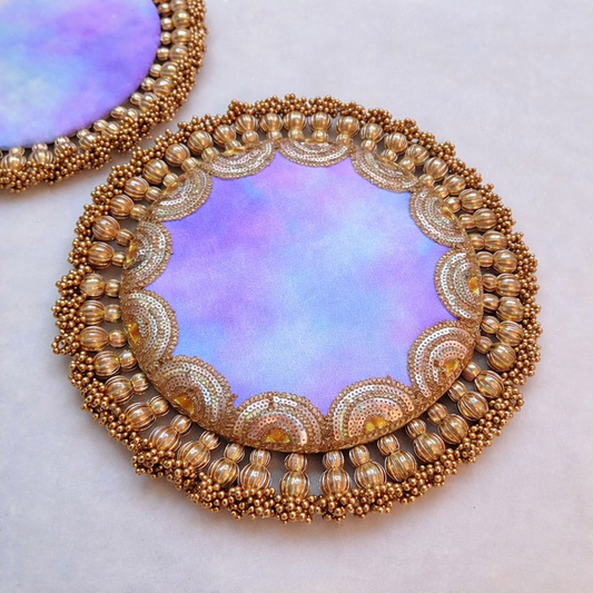 Rangeen Soneri Parijat Placemat – blue-violet Alcohol Ink Fabric with Golden Tassels