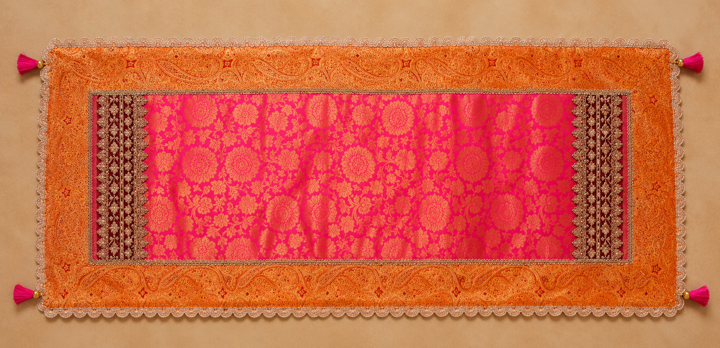 Embroided Banarasi Table  runner - Pink  and yellow