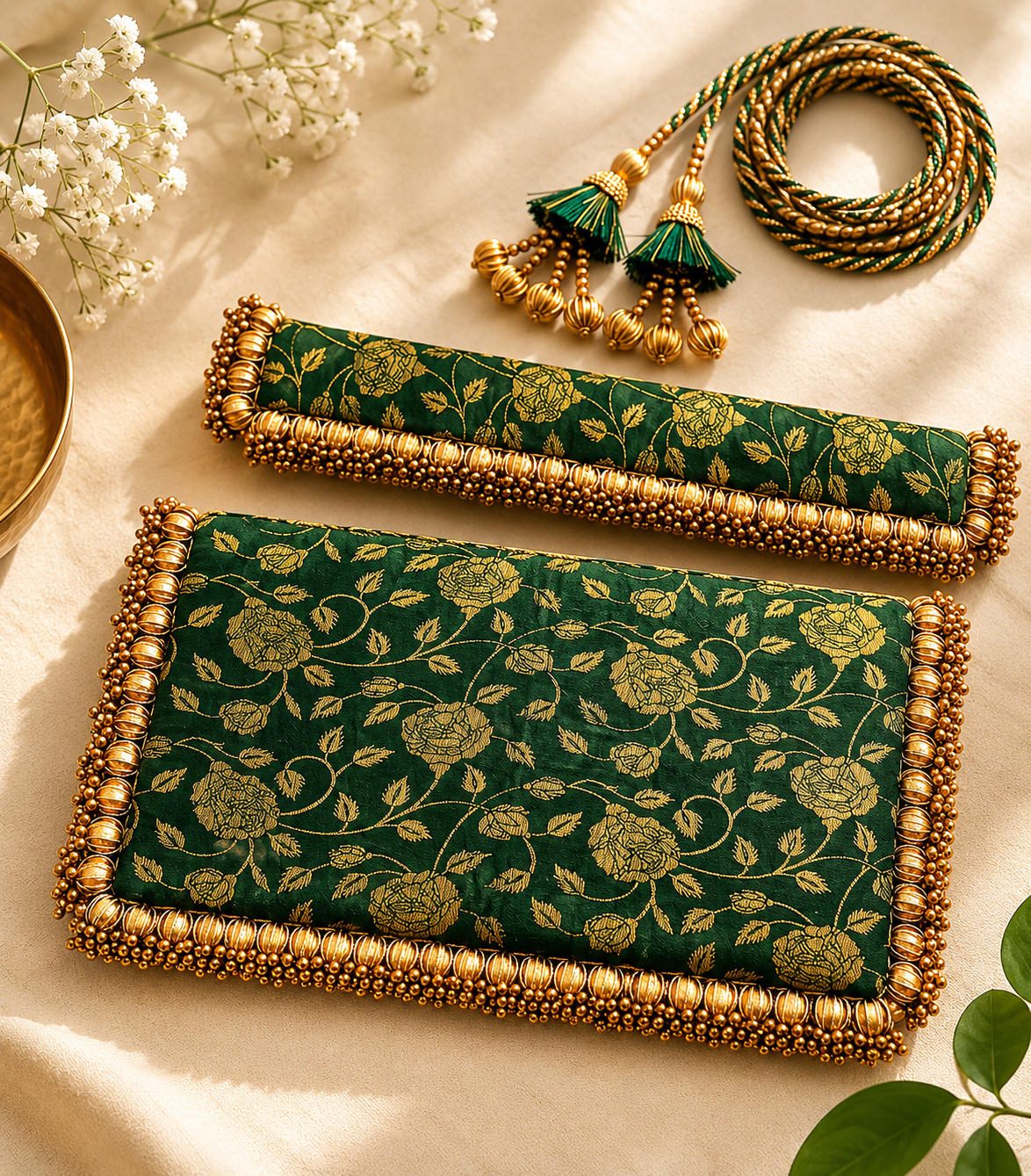 Handcrafted Banarasi Silk Pearl Beaded Border asana  – Festive Table Decor