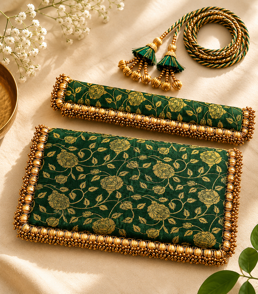 Handcrafted Banarasi Silk Pearl Beaded Border asana  – Festive Table Decor