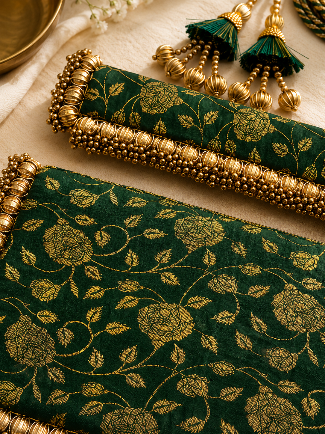 Handcrafted Banarasi Silk Pearl Beaded Border asana  – Festive Table Decor