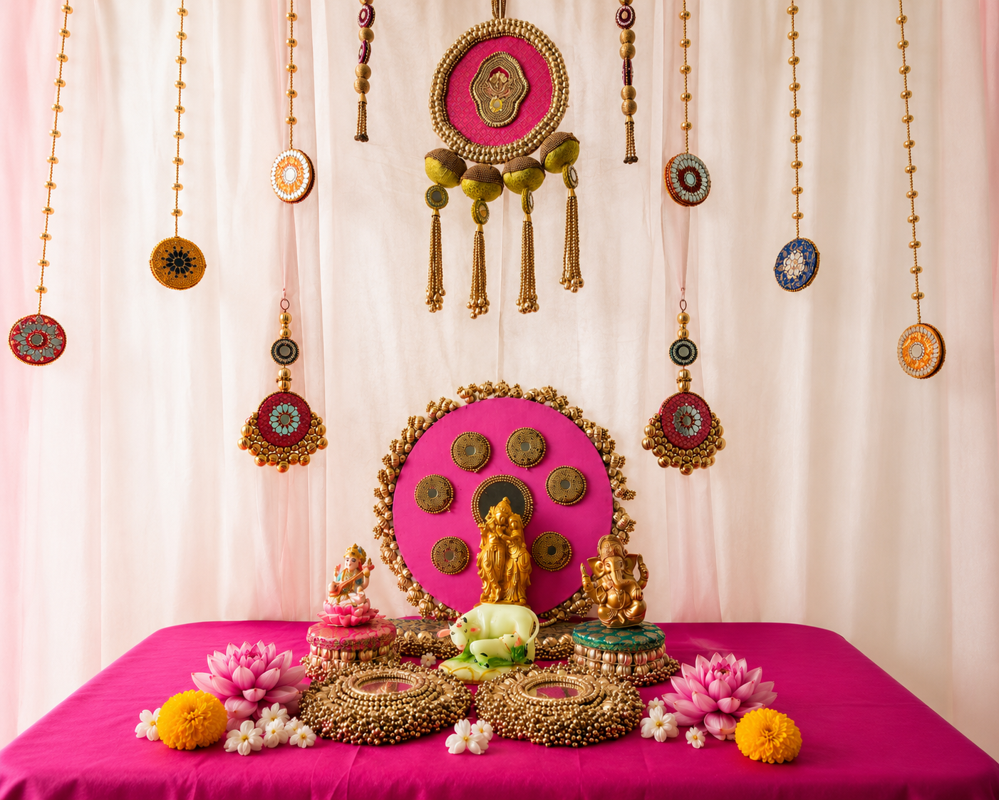 Mandala Katha Pink Pooja Table Decor Set – Handmade Festive Jadau & Mirror Work Decor (16 Pieces)