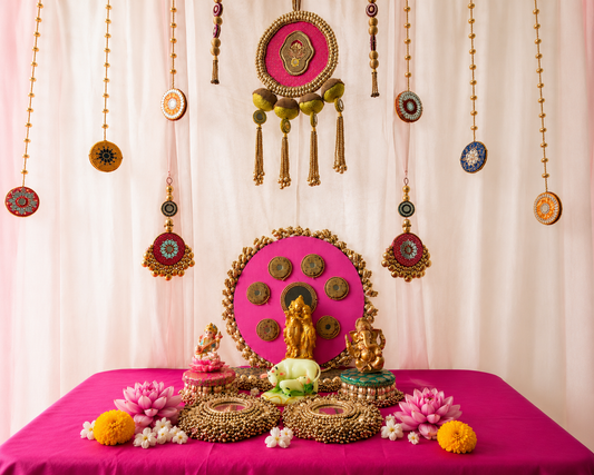 Mandala Katha Pink Pooja Table Decor Set – Handmade Festive Jadau & Mirror Work Decor (16 Pieces)