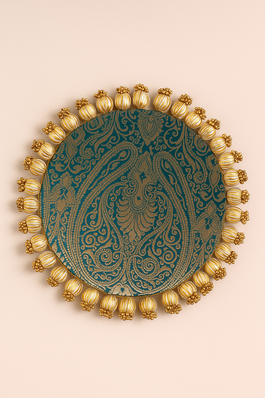 Teal Single Bead Tassel Placemat – Mor Rang Ektara Brocade Table Mat