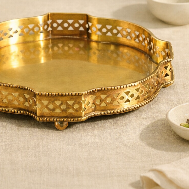 Antique hand carved brass tray jali detail border