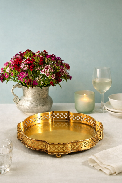 Antique hand carved brass tray jali detail border