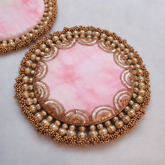 Rangeen Soneri Parijat Placemat – pink-light pink Alcohol Ink Fabric with Golden Tassels
