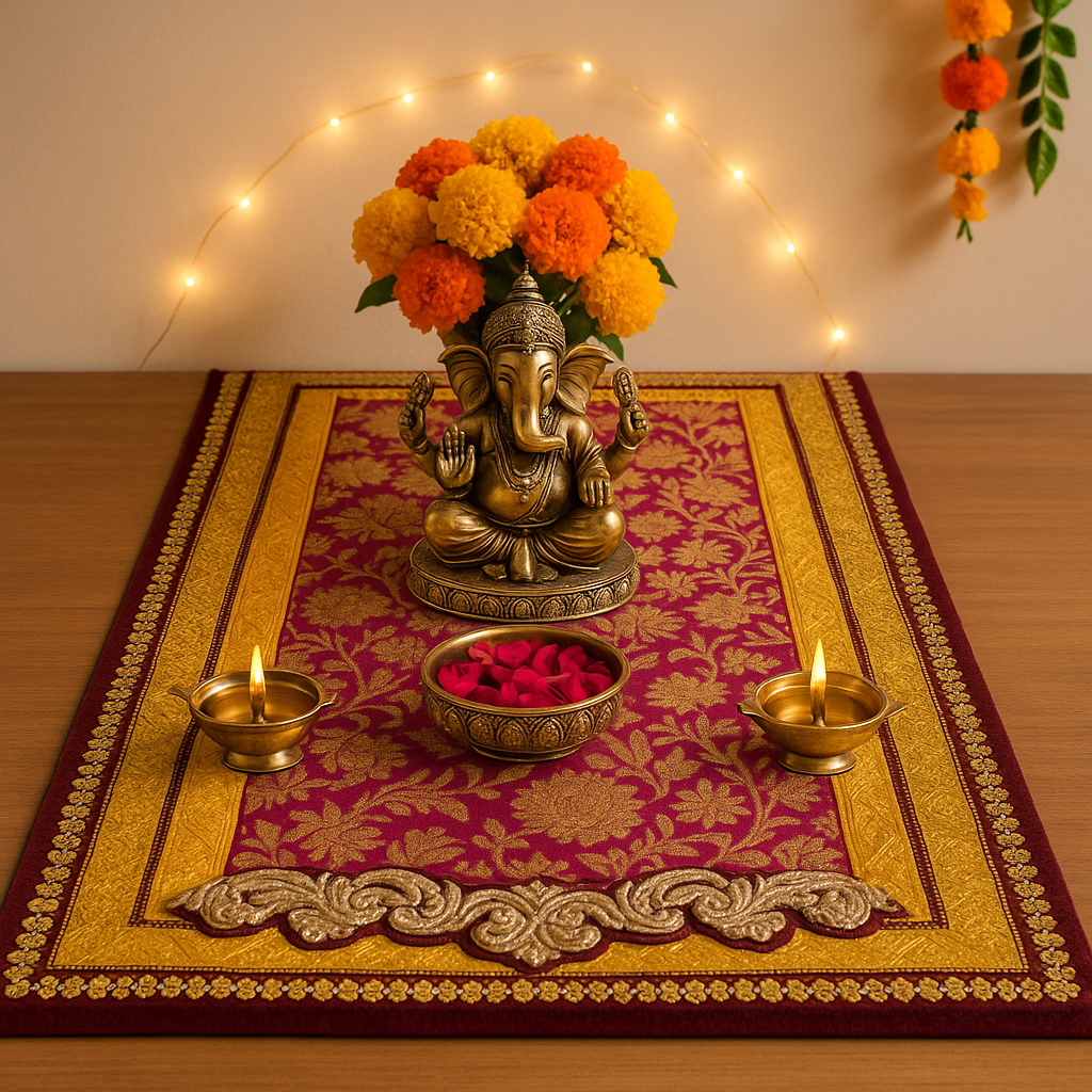 Embroided Banarasi Table  runner - yellow and violet