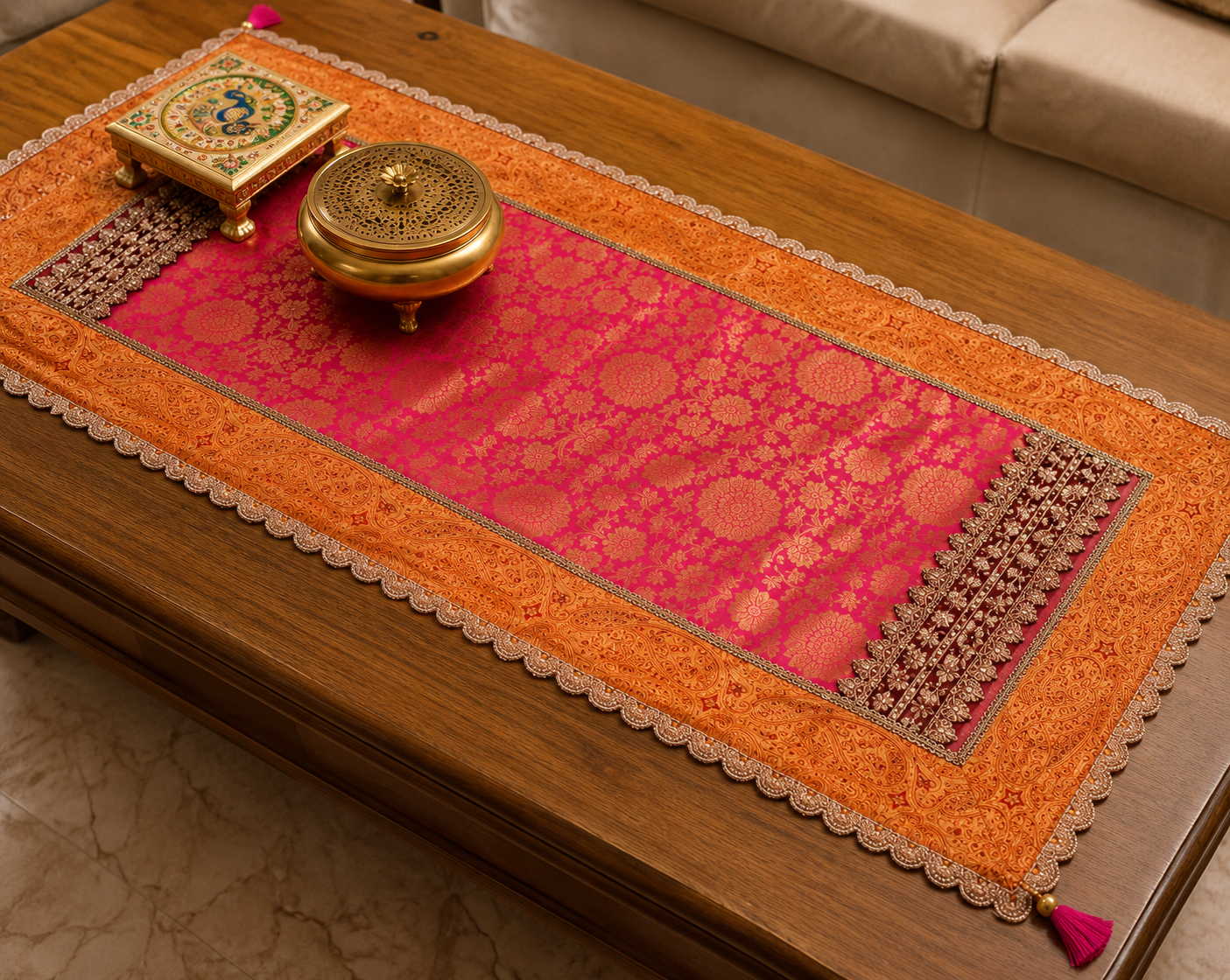 Embroided Banarasi Table  runner - Pink  and yellow