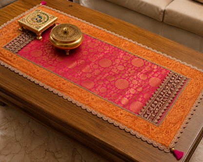 Embroided Banarasi Table  runner - Pink  and yellow