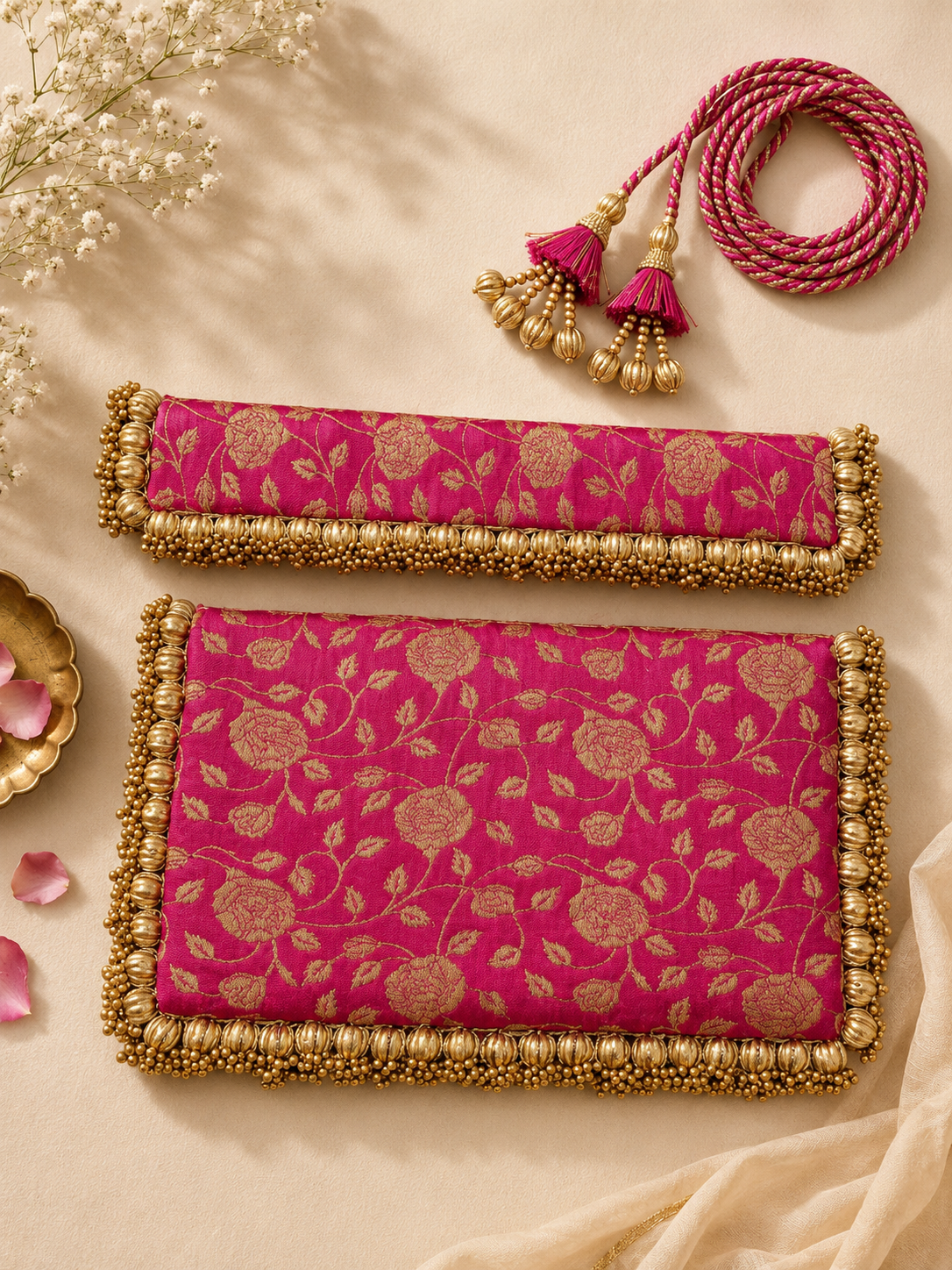 Handcrafted Banarasi Silk Pearl Beaded Border asana  – Festive Table Decor