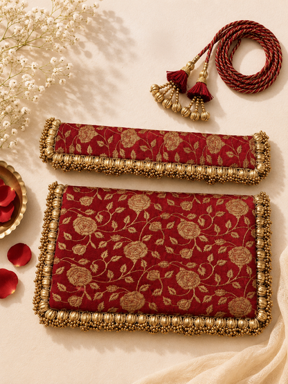 Handcrafted Banarasi Silk Pearl Beaded Border asana  – Festive Table Decor
