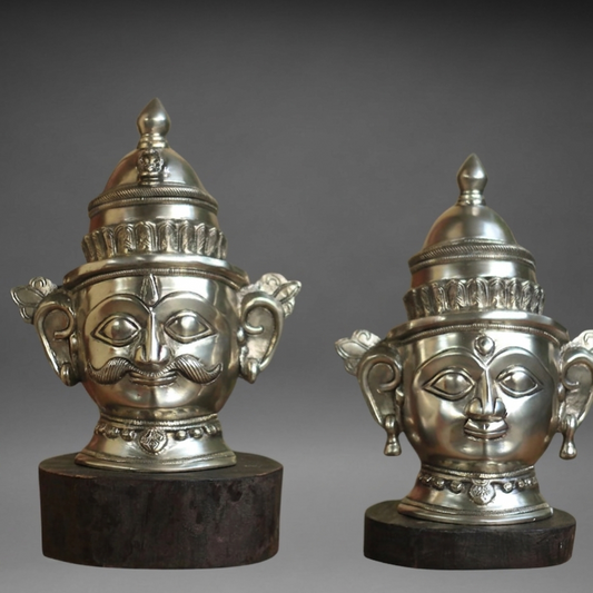 Brass Shiva And Gauri Mukhlingam Mask With Wooden Base