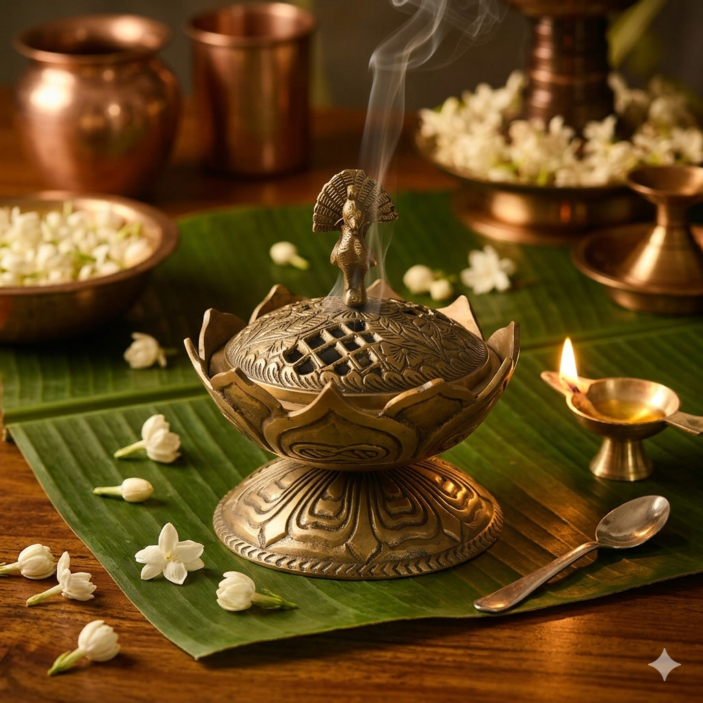 Vintage-Style Brass Lotus Incense Cone Holder with Peacock Finial