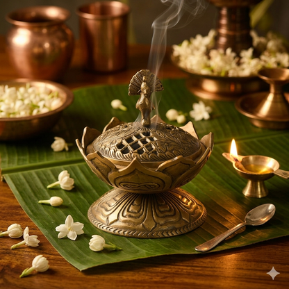 Vintage-Style Brass Lotus Incense Cone Holder with Peacock Finial