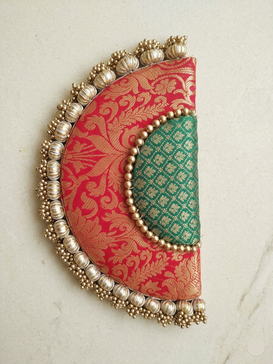 Handcrafted Banarasi Silk Semi Circle Placemat with Pearl beaded Border detailing