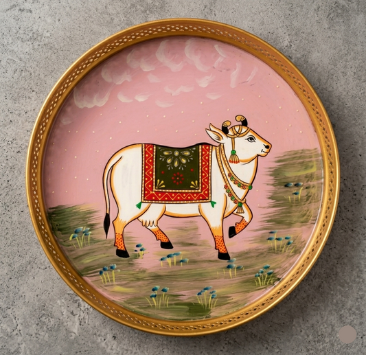 Light Pink Pichwai Cow & Lotus Tray – 12 Inch