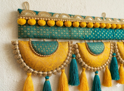 Classic Adhruv or halfmoon Toran  - teal yellow- small motifs brocade toran with resham tassel