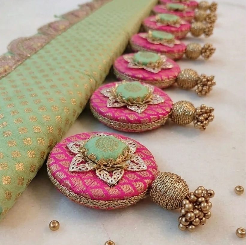 Classic Circular pendant Toran  - pistachio green Gulabi - small motifs brocade toran