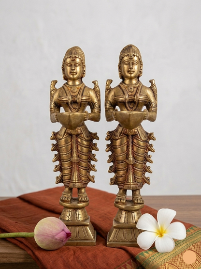 Antique Hand-Carved Brass Deep Lakshmi Oil Lamps for Pooja & Home Decor