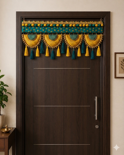 Classic Adhruv or halfmoon Toran  - teal yellow- small motifs brocade toran with resham tassel