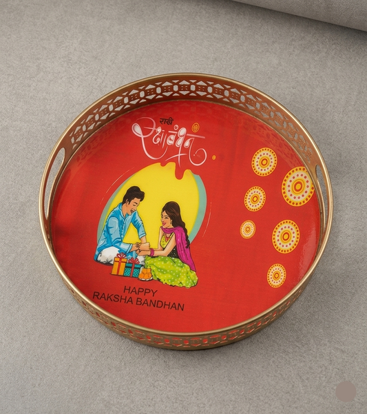 Red Raksha Bandhan - Pichwai Cow & Lotus Tray – 12 Inch
