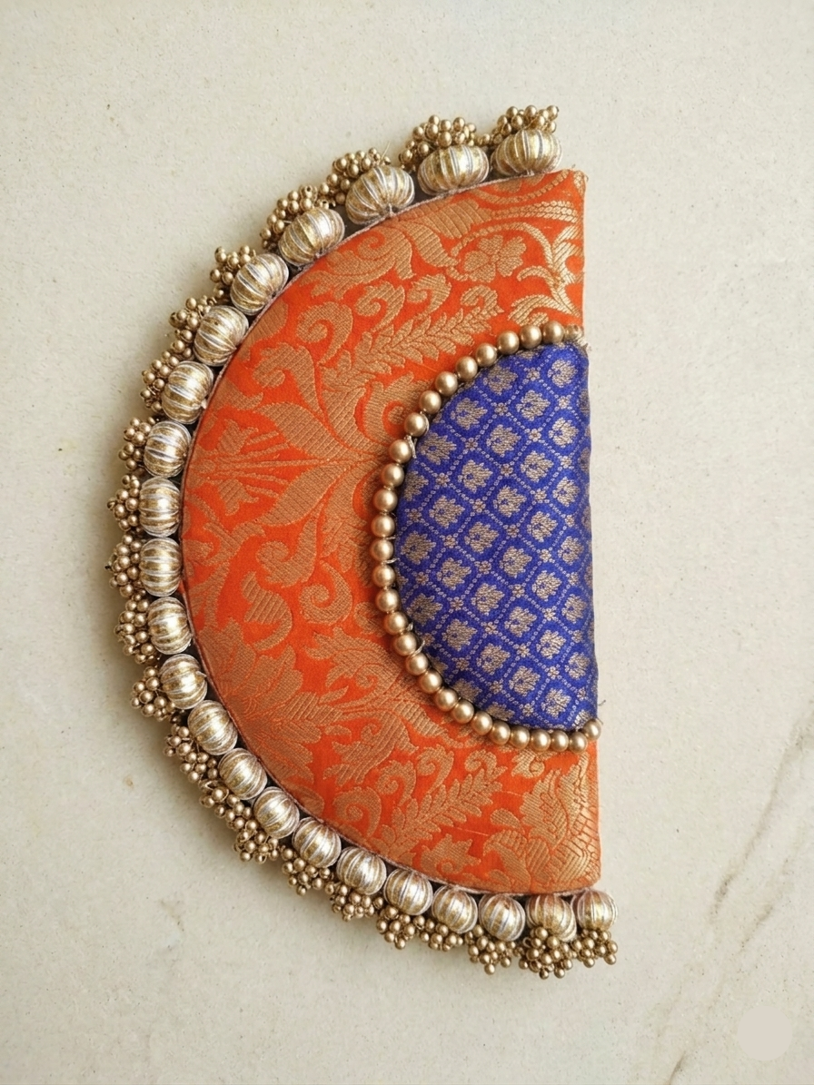 Handcrafted Banarasi Silk Semi Circle Placemat with Pearl beaded Border detailing