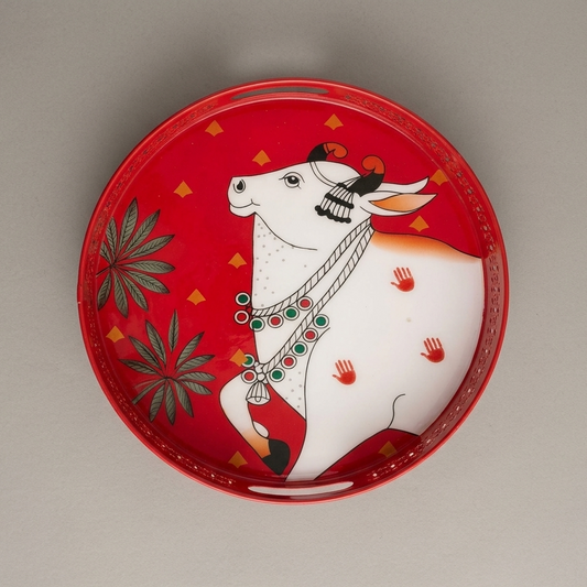 Red Pichwai Cow & Lotus Tray – 12 Inch
