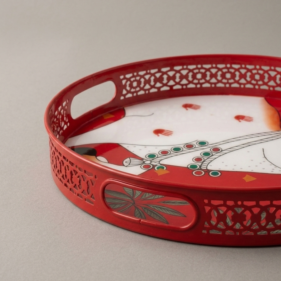 Red Pichwai Cow & Lotus Tray – 12 Inch
