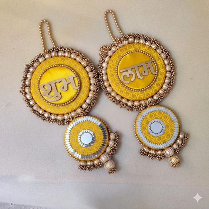 Mirrorwork long Shubh labh hanging Pair - yellow / Pair /Reversible / one side mirror