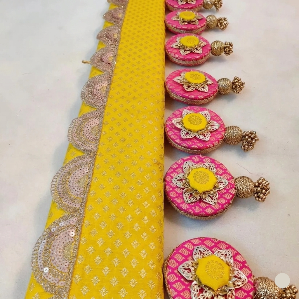 Classic Circular pendant Toran  - yellow Gulabi - small motifs brocade toran