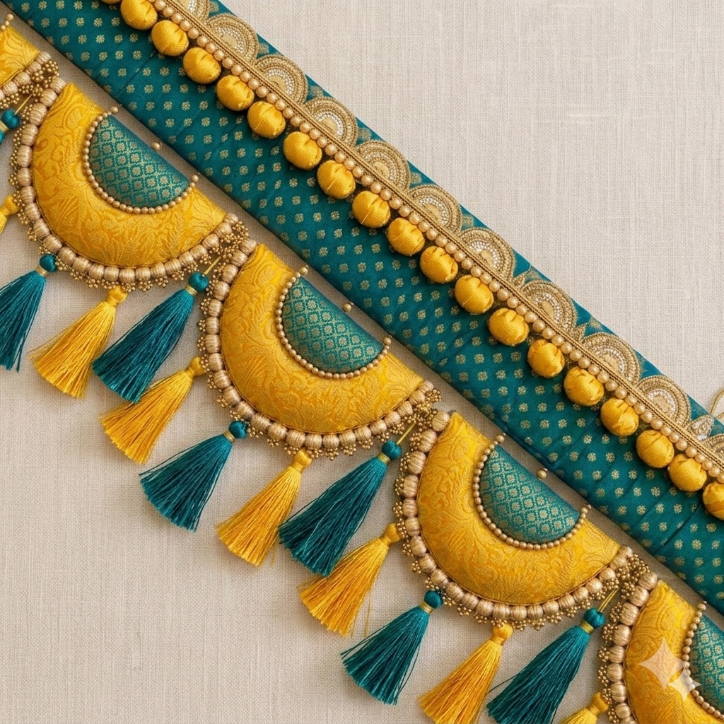 Classic Adhruv or halfmoon Toran  - teal yellow- small motifs brocade toran with resham tassel