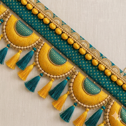 Classic Adhruv or halfmoon Toran  - teal yellow- small motifs brocade toran with resham tassel