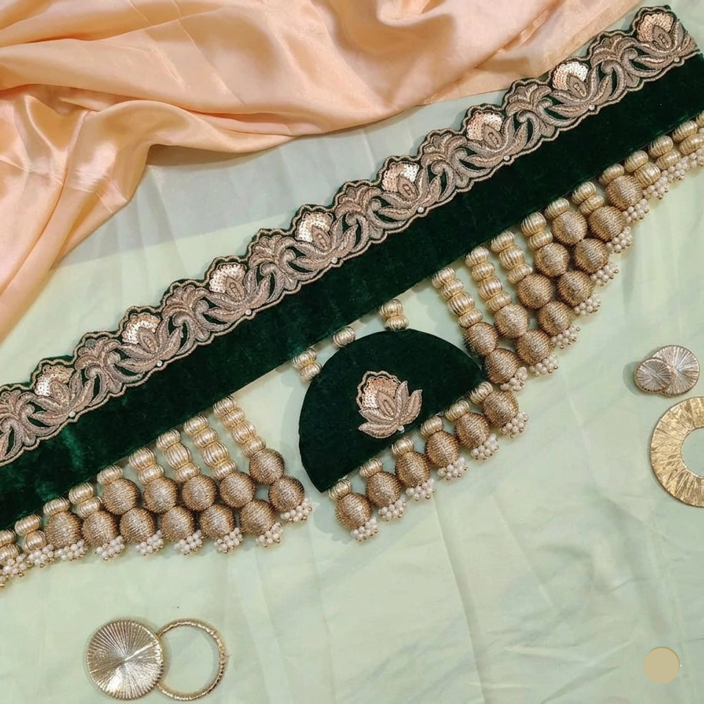 Exclusive- Nathdwara velvet Toran  -Green- small motifs brocade toran